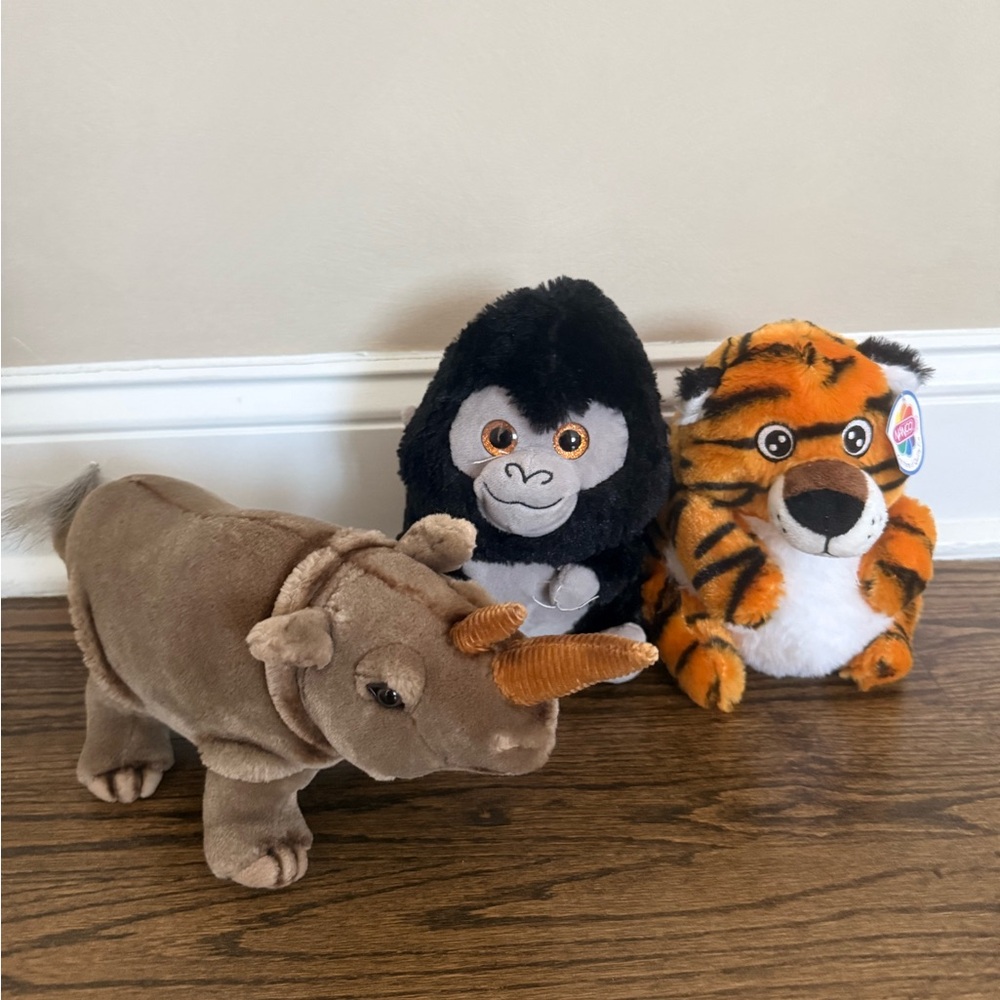 3 Stuffed Animals Tiger, Gorilla & Talking Rhino * Used for 1st Birthday Decor